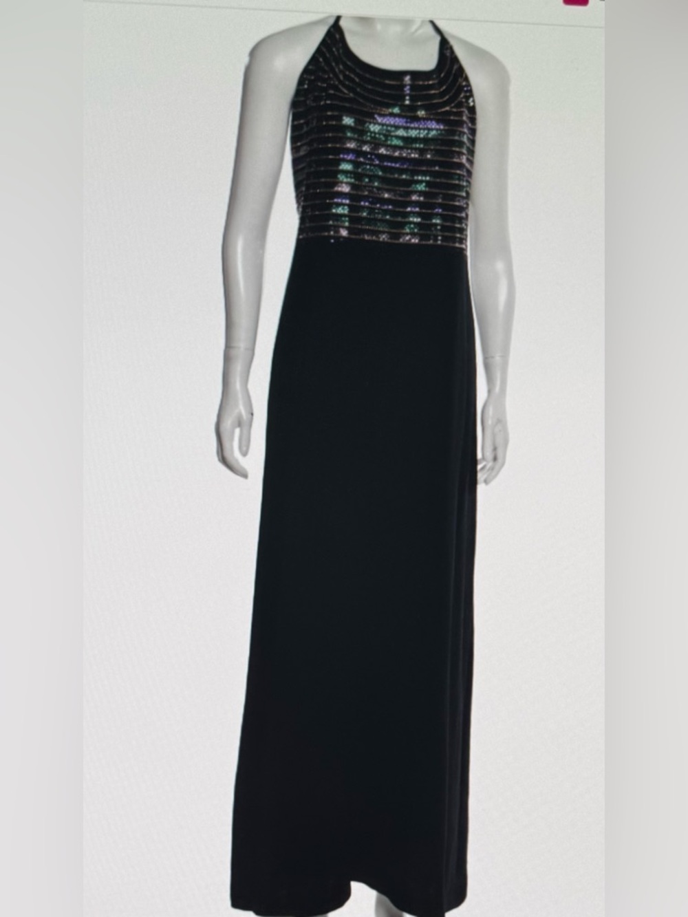 St John black halter top Evening Gown with Iridescent Striped Bodice, sz 8